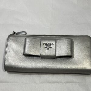 Prada Silver Wallet with Bow Detail